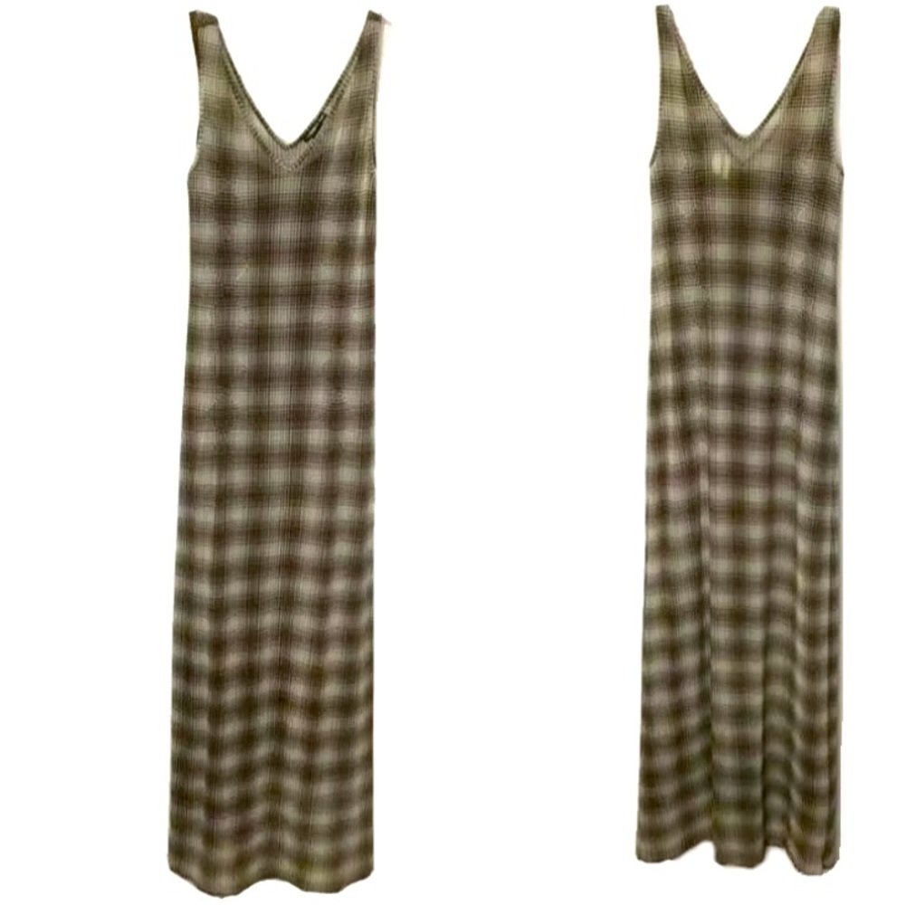 Vtg Vivienne Tam Brn Plaid Maxi Dress W/Slip Dress